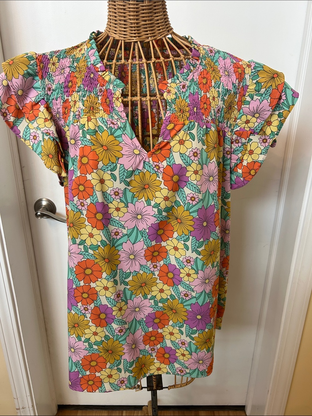Umgee Multicolor Floral Smocked Yoke Flutter Sleeve Tunic